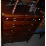 EDWARDIAN MAHOGANY AND BOXWOOD LINED CHEST OF FIVE LONG GRADUATED DRAWERS ON SPLAYED BRACKET FEET