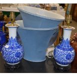 A PAIR OF MODERN CHINESE BLUE AND WHITE PORCELAIN MING STYLE BOTTLE VASES CONVERTED TO A PAIR OF