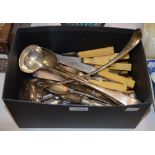 A BOX OF ASSORTED CUTLERY AND FLATWARE