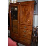 AN EDWARDIAN MAHOGANY AND SATINWOOD BANDED THREE-PIECE BEDROOM SUITE COMPRISING WARDROBE, MIRROR-