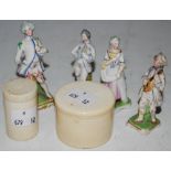 FOUR MINIATURE BISQUE PORCELAIN FIGURES TOGETHER WITH TWO LATE 19TH/EARLY 20TH CENTURY CYLINDRICAL