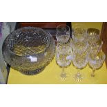 A GROUP OF GLASSWARE TO INCLUDE CUT GLASS ROSE BOWL, SIX WINE GLASSES AND THREE SMALLER WINE