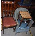 ARTS AND CRAFTS STAINED BEECH RECTANGULAR STOOL WITH WOVEN STRING TOP, TOGETHER WITH A GREEN