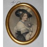 AN ANTIQUE HAND COLOURED OVAL PRINT DEPICTING 18TH CENTURY LADY HOLDING A ROSE