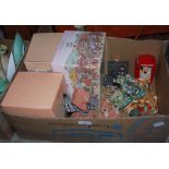 BOX - ASSORTED COMPOSITE FIGURES OF HOUSES, PENDELFIN FIGURES ETC