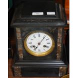 A VICTORIAN POLISHED SLATE MANTLE CLOCK WITH BLACK AND WHITE ROMAN NUMERAL DIAL, TWIN TRAIN MOVEMENT