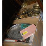TWO BOXES - ASSORTED EP WARE, CUTLERY, FLATWARE, BRASSWARE TO INCLUDE LARGE CIRCULAR CHARGER