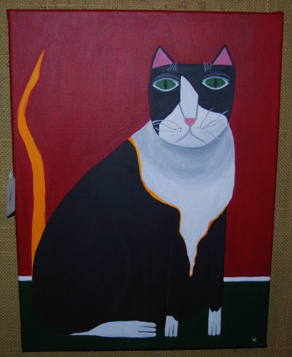 CONTEMPORARY BRITISH SCHOOL BLACK AND WHITE CAT OIL ON CANVAS, INITIALLED 'V' 40.5CM X 30.5CM