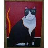 CONTEMPORARY BRITISH SCHOOL BLACK AND WHITE CAT OIL ON CANVAS, INITIALLED 'V' 40.5CM X 30.5CM