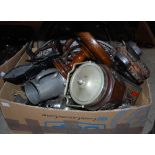 BOX - ASSORTED HOUSEHOLD ITEMS TO INCLUDE SCALES, BISCUIT BARRELS, PEWTER WARES, WOODEN WARES,