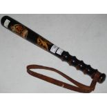 A GEORGE V PAINTED MAHOGANY TRUNCHEON, WITH TURNED HANDLE AND PAINTED WITH A CROWN AND 'GR', WITH