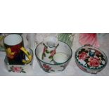 A COLLECTION OF WEMYSS POTTERY TO INCLUDE JAZZY DAFFODILS MUG, DOG BOWL DECORATED WITH TULIPS,
