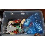 A BOX OF ASSORTED MODEL CARS, TOY SOLDIERS ETC.