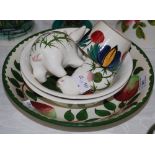 SIX WEMYSS STYLE CERAMIC ITEMS, INCLUDING TWO PLICHTA ANIMAL FIGURES OF A CAT AND A PIG DECORATED