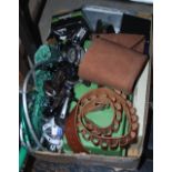 BOX - ASSORTED FISHING INTEREST ITEMS, REELS, LANDING NETS, TACKLE BOXES, LEATHER CARTRIDGE BELT,