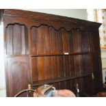 LATE 19TH/ EARLY 20TH CENTURY STAINED OAK DRESSER, THE UPRIGHT BACK WITH OPEN SHELVES AND TWO