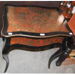 A 19TH CENTURY EBONISED BOULLE WORK TABLE, THE HINGED COVER OPENING TO A FITTED INTERIOR WITH