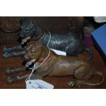 A PAIR OF LATE 19TH / EARLY 20TH CENTURY COLD PAINTED SPELTER MODELS OF RECUMBENT GREAT DANE DOGS,