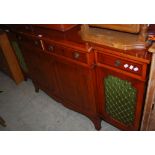 A REPRODUCTION YEW WOOD BREAKFRONT SIDE CABINET, FOUR FRIEZE DRAWERS OVER PAIR OF CENTRAL CUPBOARD