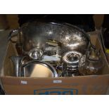 BOX - ASSORTED PLATED WARE TO INCLUDE THREE PIECE TEA SET, TWIN HANDLED TRAY, PARAFFIN BURNING LAMP,