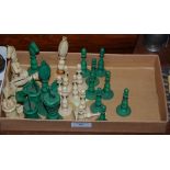 A 19TH CENTURY IVORY AND GREEN STAINED IVORY ANGLO-INDIAN PART CHESS SET. Buyer's Note: This lot