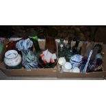 TWO BOXES - ASSORTED GLASSWARE TO INCLUDE VINTAGE LEMONADE AND GINGER BEER BOTTLES, BLUE AND WHITE