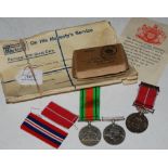A GROUP OF MEDALS TO INCLUDE 1939-45 DEFENCE MEDAL, 1939-45 WAR MEDAL AND KING GEORGE V