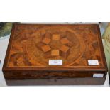 A 19TH CENTURY WALNUT AND PARQUETRY INLAID BOX WITH FITTED INTERIOR CONTAINING A SINGLE SILVER