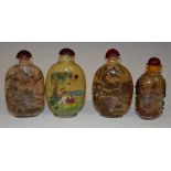 FOUR ASSORTED MODERN CHINESE INSIDE PAINTED GLASS SNUFF BOTTLES AND STOPPERS