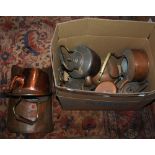BOX - ASSORTED COPPERWARE TO INCLUDE VARIOUS KETTLES, KINDLING BASKET, ETC