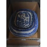 BOX - SIX ASSORTED BLUE PRINTED POTTERY ASHETS