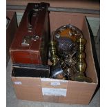 BOX - ASSORTED HOUSEHOLD ITEMS TO INCLUDE EP WARE, BRASS CANDLESTICKS, ATACHI CASE, MOTHER OF