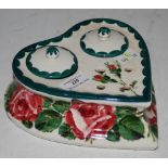 A WEMYSS WARE CABBAGE ROSE HEART SHAPED DOUBLE INKWELL, WITH BOTH COVERS, BLACK STAMPED 'T.GOODE &