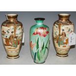 A PAIR OF JAPANESE SATSUMA POTTERY VASES, 15.5CM HIGH, MEIJI PERIOD, DECORATED WITH PANELS OF
