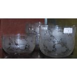 FIVE LATE 19TH / EARLY 20TH CENTURY CLEAR GLASS FINGER BOWLS WITH VINE ETCHED DECORATION