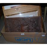 BOX - A CARVED OAK RECTANGULAR PANEL AND A LARGE GROUP OF ASSORTED DECORATIVE PRINTS