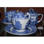 AN EARLY 20TH CENTURY CAULDON BLUE PRINTED TEA SET FOR TWO, COMPRISING TEA POT, SUGAR AND CREAM, TWO