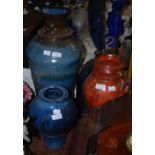 A COLLECTION OF ASSORTED STUDIO POTTERY VASES, THREE WITH BLUE GLAZE, ONE WITH ORANGE GLAZE