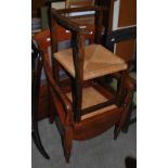 OAK ARTS AND CRAFTS CORNER CHAIR WITH WOVEN STRING SEAT, TOGETHER WITH A VICTORIAN COMMODE CHAIR