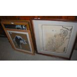 A MAP OF RENFREWSHIRE, CHARCOAL AND CHALK PORTRAIT OF A SPANIEL SIGNED 'BRYSON', COLOURED PRINT OF A