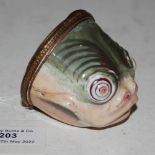 AN 18TH CENTURY ENAMEL BOX IN THE FORM OF A FISH, THE HINGED COVER DECORATED WITH POLYCHROME FISH