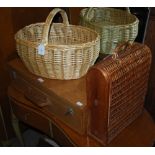 OAK RECTANGULAR CASE WITH LIFT-OUT TRAY, TWO WICKER BASKETS AND A GUITAR