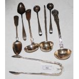A GROUP OF ASSORTED GEORGIAN AND VICTORIAN SILVER FLATWARE, INCLUDING TWO SCOTTISH SAUCE LADLES, A