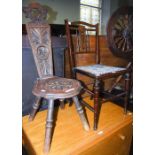 EARLY 20TH CENTURY STAINED OAK SPINNING CHAIR, TOGETHER WITH AN EDWARDIAN MAHOGANY AND MARQUETRY