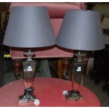 PAIR OF WHITE METAL URN-SHAPED TABLE LAMPS AND GREY COLOURED SHADES, 75CM HIGH