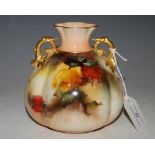 A ROYAL WORCESTER HADLEY WARE TWIN HANDLED LOBED VASE, WITH HAND PAINTED DECORATION OF YELLOW AND