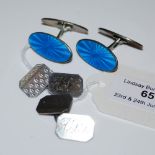 A PAIR OF STERLING SILVER AND BLUE ENAMEL OVAL SHAPED CUFFLINKS BY DAVID ANDERSON NORWAY, TOGETHER