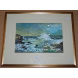 •AR TORQUIL J MACLEOD (SCOTTISH CONTEMPORARY SCHOOL) ROUGH SEA AND EVENING FLIGHT WATERCOLOUR AND