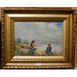 IN THE MANNER OF ROBERT GEMMELL HUTCHISON (SCOTTISH 1860-1936) THREE GIRLS ON A BEACH OIL ON CANVAS,