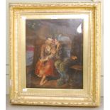 LATE 19TH CENTURY CONTINENTAL SCHOOL A PEASANT COUPLE OIL ON CANVAS, UNSIGNED 42CM X 35CM FRAMED AND